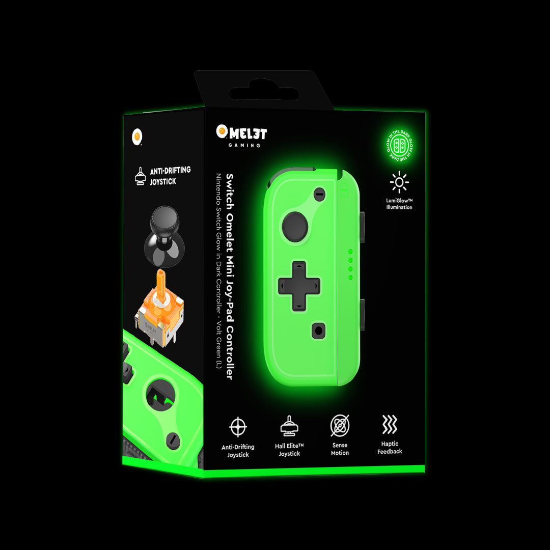 Glow-in-the-dark Joy Con offering drift-free gaming for Nintendo Switch with reliable Hall Effect sensors.