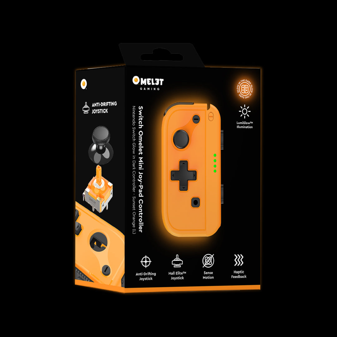 Joy Con with glow-in-the-dark capability, featuring advanced Hall Effect technology for drift-free play