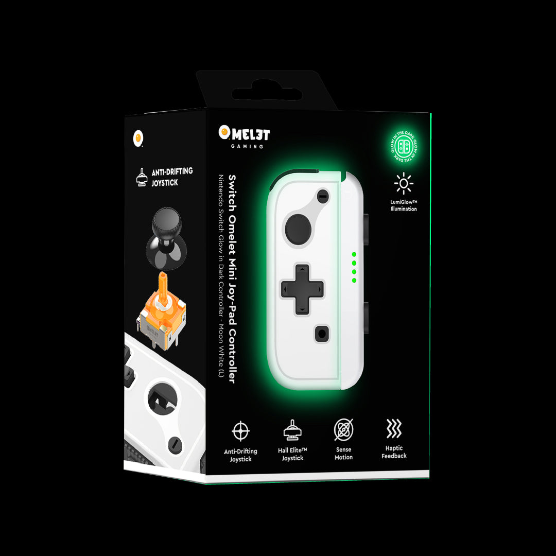 Mini glow-in-the-dark Joy Con that ensures drift-free operation through advanced Hall Effect technology