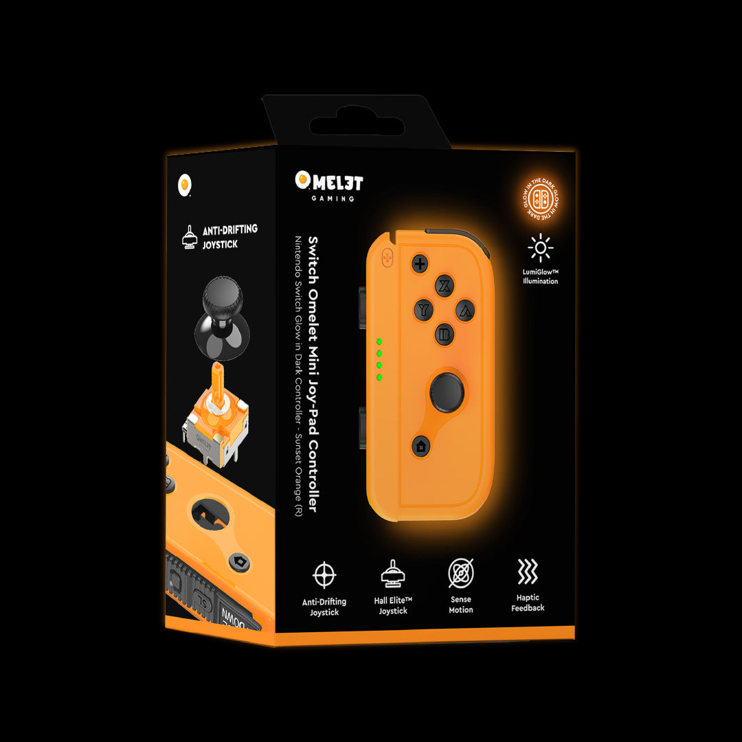 Joy Con designed for serious gamers, glowing in the dark while providing a smooth, drift-free experience