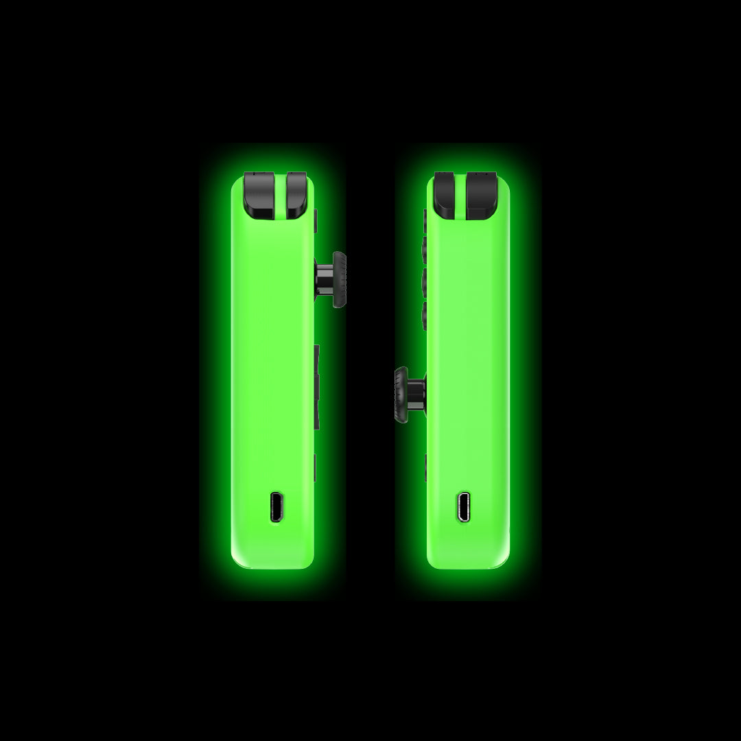 Compact Joy Con with a glow-in-the-dark design, providing drift-free accuracy through Hall Effect sensors