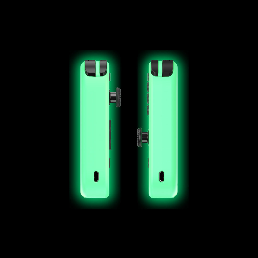 Joy Con featuring glow-in-the-dark design, equipped with Hall Effect sensors for enhanced gaming performance